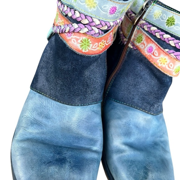 Socofy 42 (9) Blue Leather Suede Distressed Ankle Boots Booties Boho - Picture 5 of 12